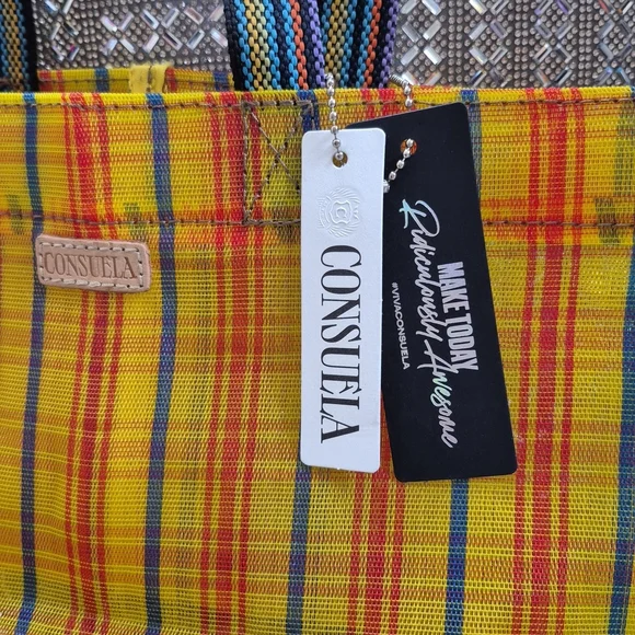 Consuela Yellow Plaid Tote with Pink Floral Tassel Charm - Picture 2 of 5